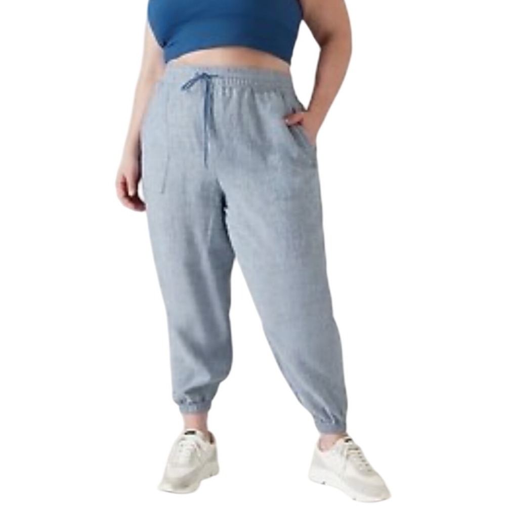 Athleta Linen Blend Jogger Pants Women's Size 12P Blue Drawstring Pockets